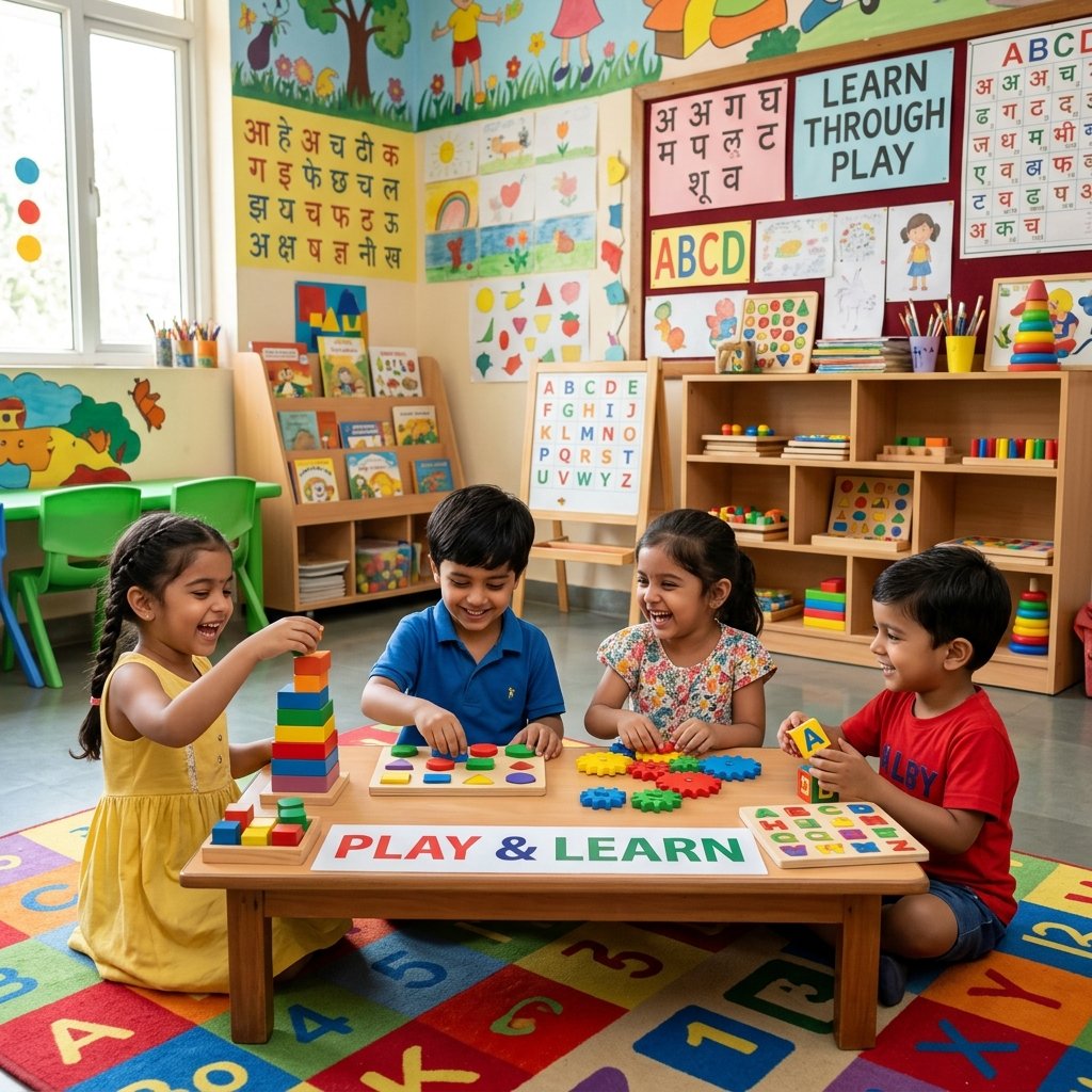KG children learning phonics and numbers through play