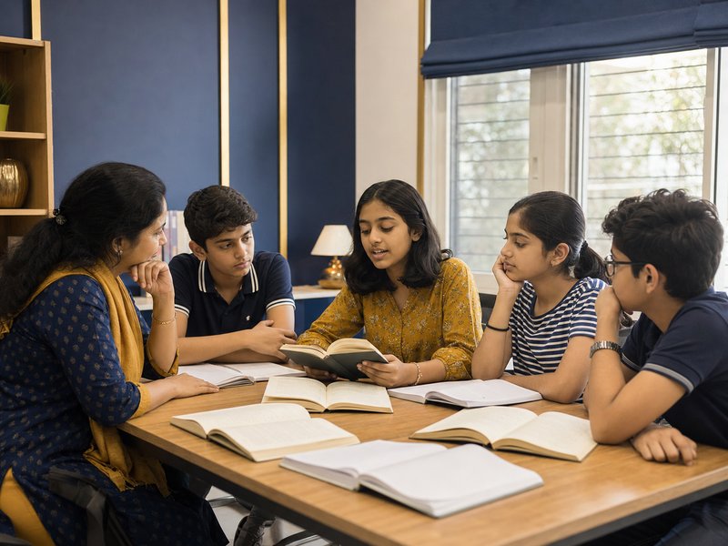 Students in a small-group English language and literature class discussing a set text